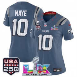 Women New England Patriots 10 Drake Maye Storm Blue 2025 F U S E 1 Star C Patch And Super Bowl LX Patch  USA 250 Patch Rivalries Vapor Limited Football Sti