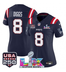 Women New England Patriots 8 Stefon Diggs Navy 2025 F U S E  Super Bowl LX Patch And USA 250 27 Patch Vapor Limited Football Stitched Jersey 