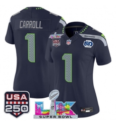 Women Seattle Seahawks 1 Pete Carroll Navy 2025 F U S E  Super Bowl LX Patch And 50th Season  26 USA 250 27 Patch Vapor Limited Football Stitched Jersey 