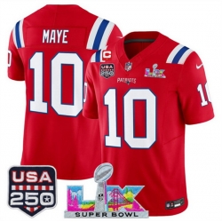 Youth New England Patriots 10 Drake Maye Red 2025 F U S E  1 Star C Patch And Super Bowl LX Patch  USA 250 Patch Vapor Limited Stitched Football Jersey