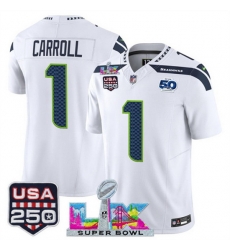 Men Seattle Seahawks 1 Pete Carroll White 2025 F U S E  Super Bowl LX Patch And 50th Season  USA 250 Patch Vapor Limited Football Stitched Jersey