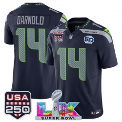 Men Seattle Seahawks 14 Sam Darnold Navy 2025 F U S E  Super Bowl LX Patch And 50th Season  USA 250 Patch Vapor Throwback Limited Stitched Football Jersey