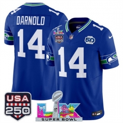 Men Seattle Seahawks 14 Sam Darnold Royal 2025 F U S E  Super Bowl LX Patch And 50th Season  USA 250 Patch Vapor Throwback Limited Stitched Football Jersey