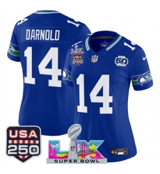 Women Seattle Seahawks 14 Sam Darnold Royal 2025 F U S E Super Bowl LX Patch And 50th Season  USA 250 Patch Vapor Throwback Limited Stitched Football Jerse