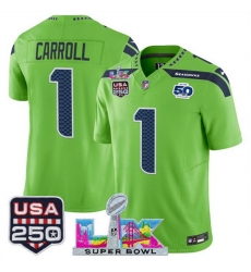 Youth Seattle Seahawks 1 Pete Carroll Green 2025 F U S E  Super Bowl LX Patch And 50th Season  USA 250 Patch Vapor Limited Stitched Football Jersey