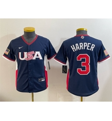 Youth USA Baseball  3 Bryce Harper Navy 2026 World Baseball Classic Stadium Stitched Baseball Jersey